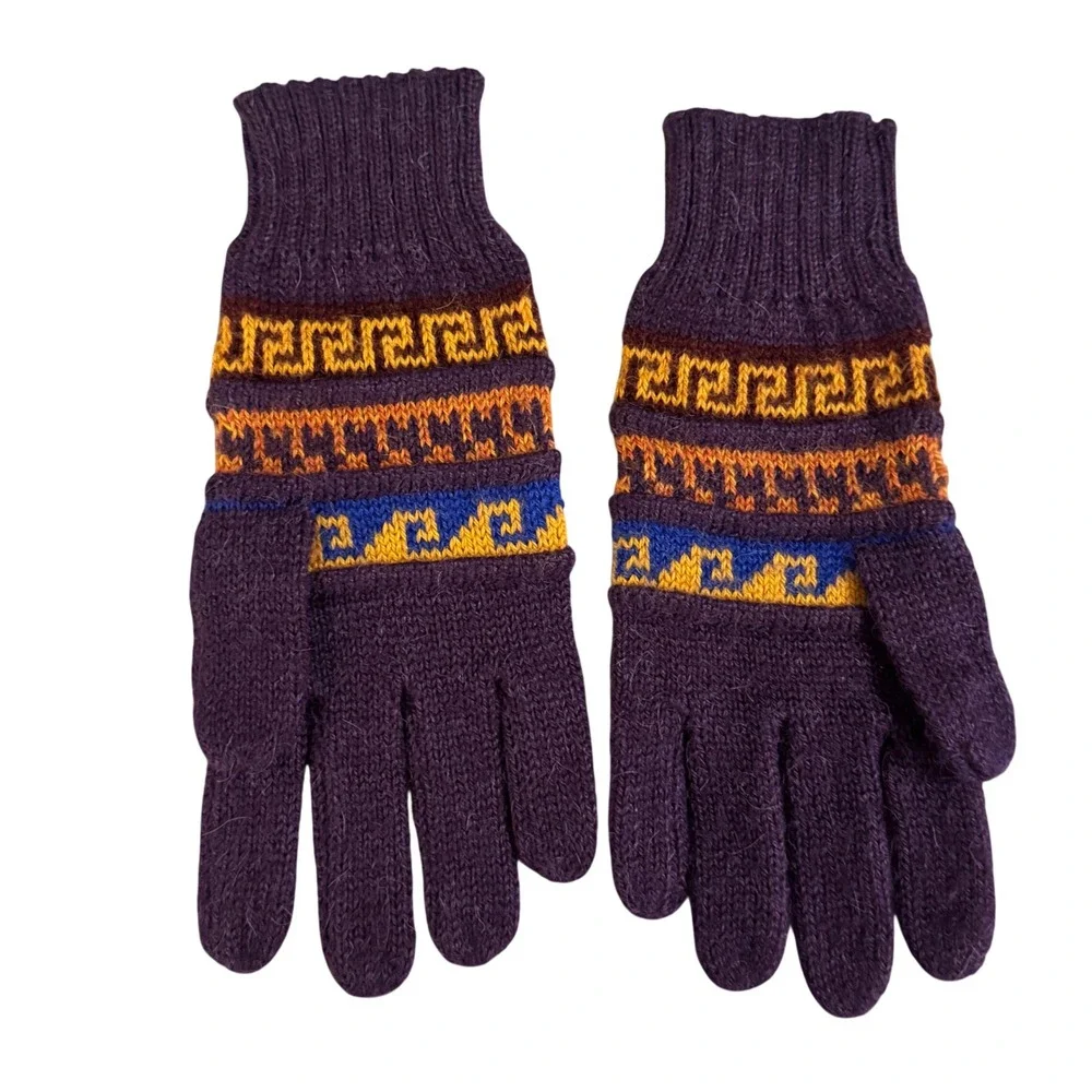 Vtg Alpaca Blend Fair Isle Knit Gloves Purple Boho Cottagecore Winter Southwest